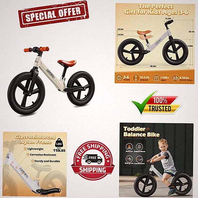 Air Rubber Tire Balance Bike for Kids 3-6 - 14" Lightweight with Coaster Brake