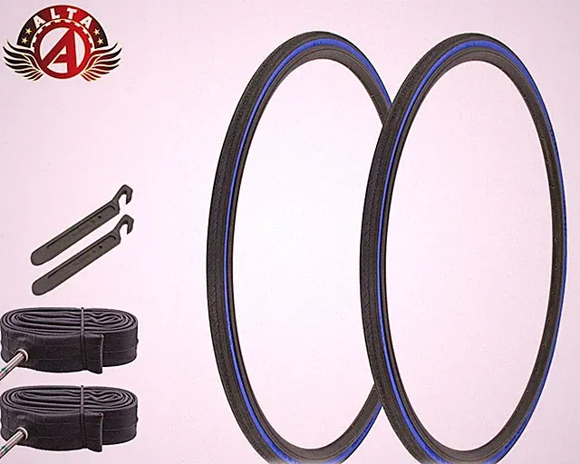 ALTA BICYCLE 700x 25c LIGHTWEIGHT BLACK/BLUE SLICK TIRES 60MM PRESTA TUBES (6pc)