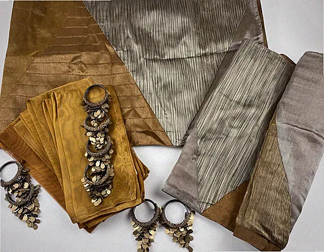 Pier 1 Boho Metallic Table Runner Bronze Napkins and Napkin Rings - Selection